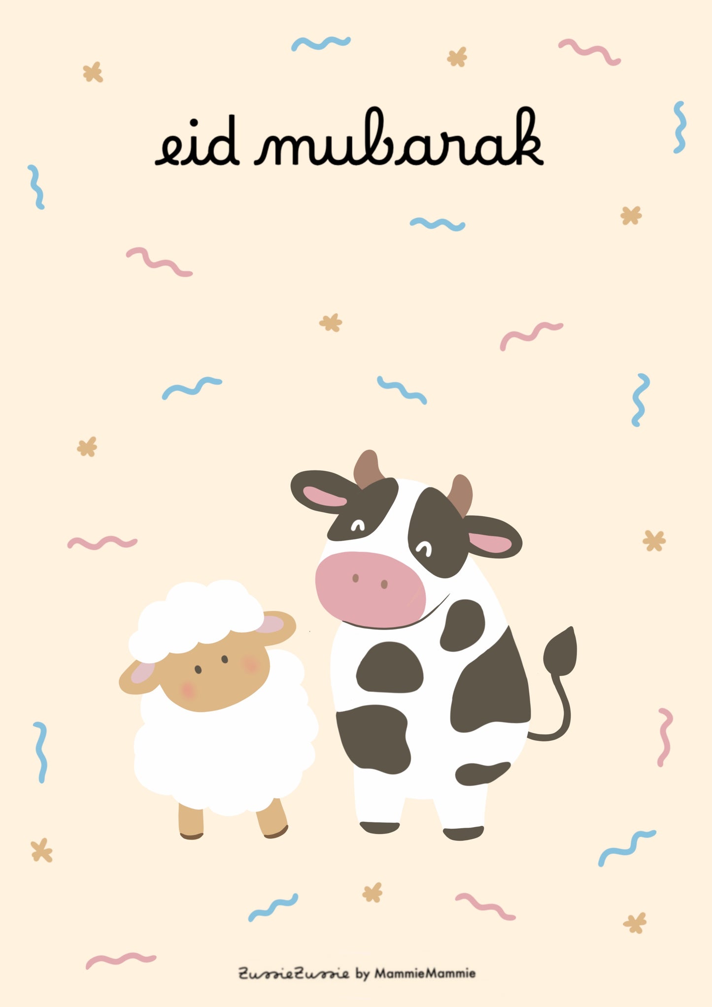 Eid mubarak kaart met schaapje en koe - Eid al Adha
